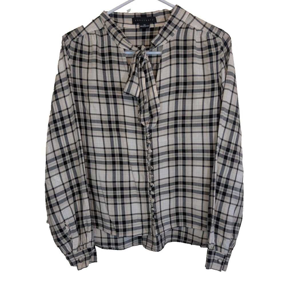 Sanctuary Kiera Tie Neck Plaid Blouse Pleating Button Front Preppy Oversized XS